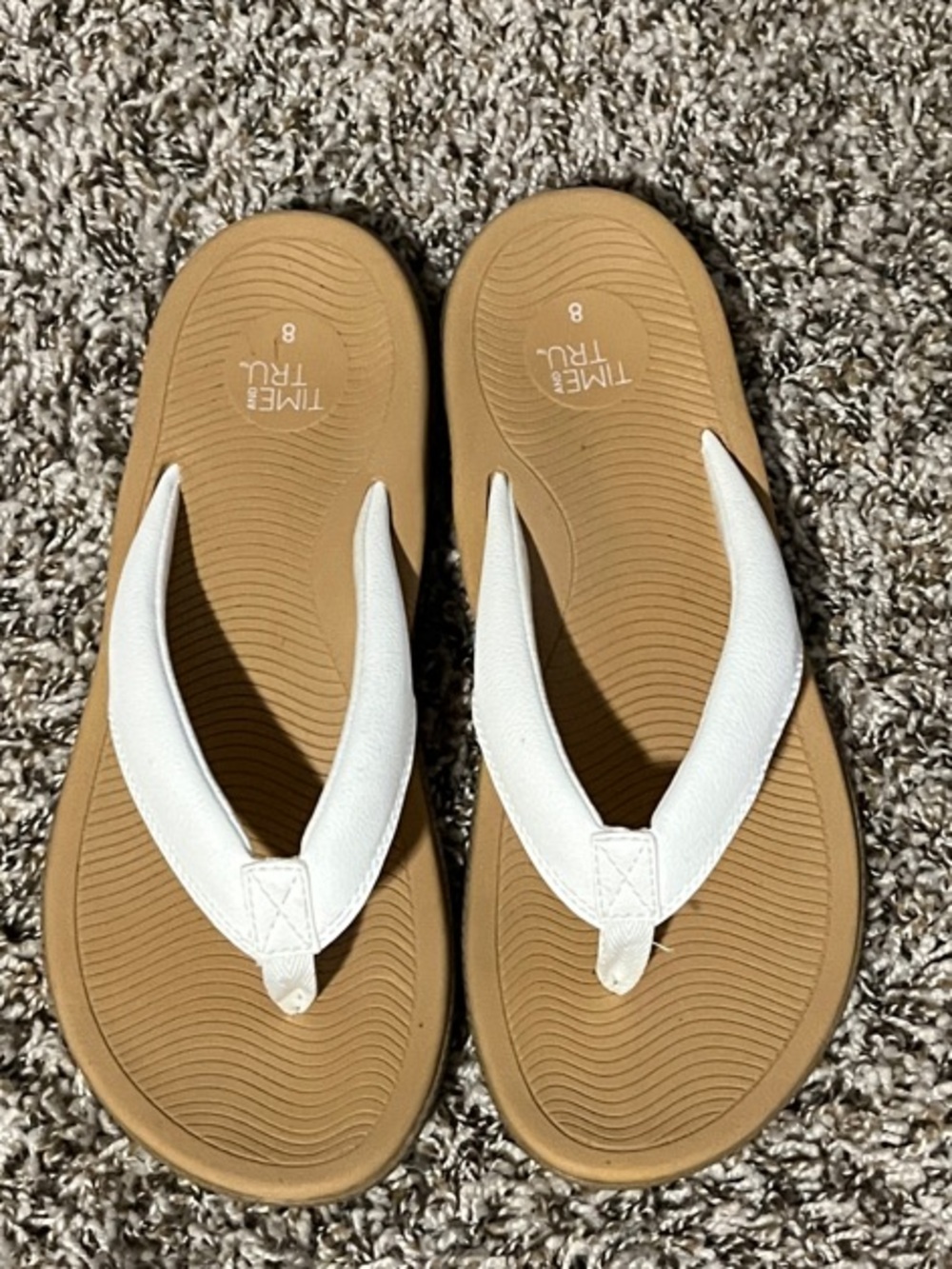 Time and Tru White Strap Tan Footbed Thong Sandals